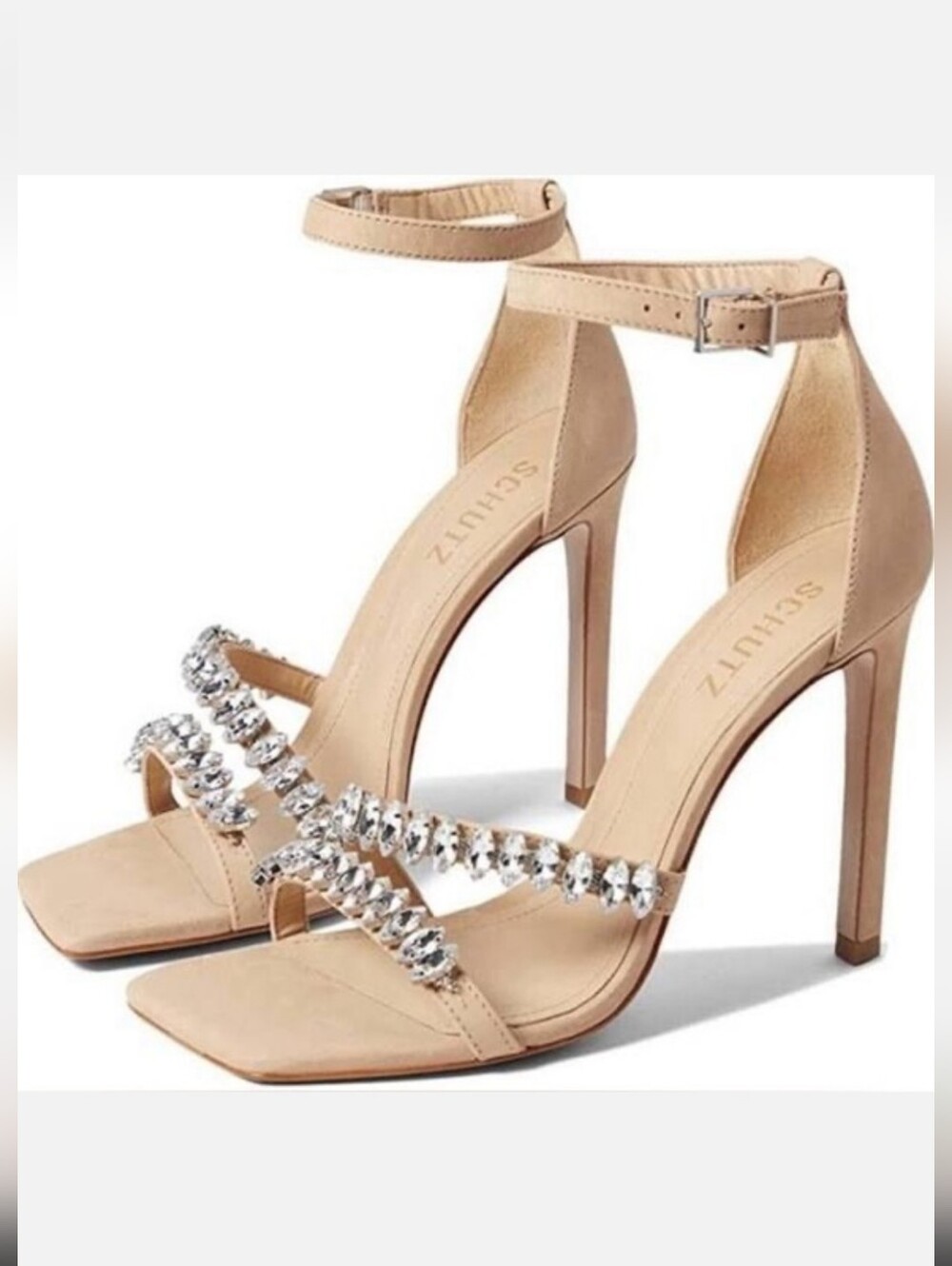 SCHUTZ Linsey Nude Crystal Strap Nubuck Open Toe Heel Sandal Size 8 Women's   53